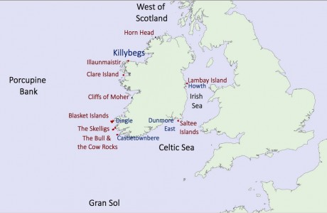 Location of main fishing ports (blue), fishing grounds (black) and major seabird colonies (red) in Irish waters