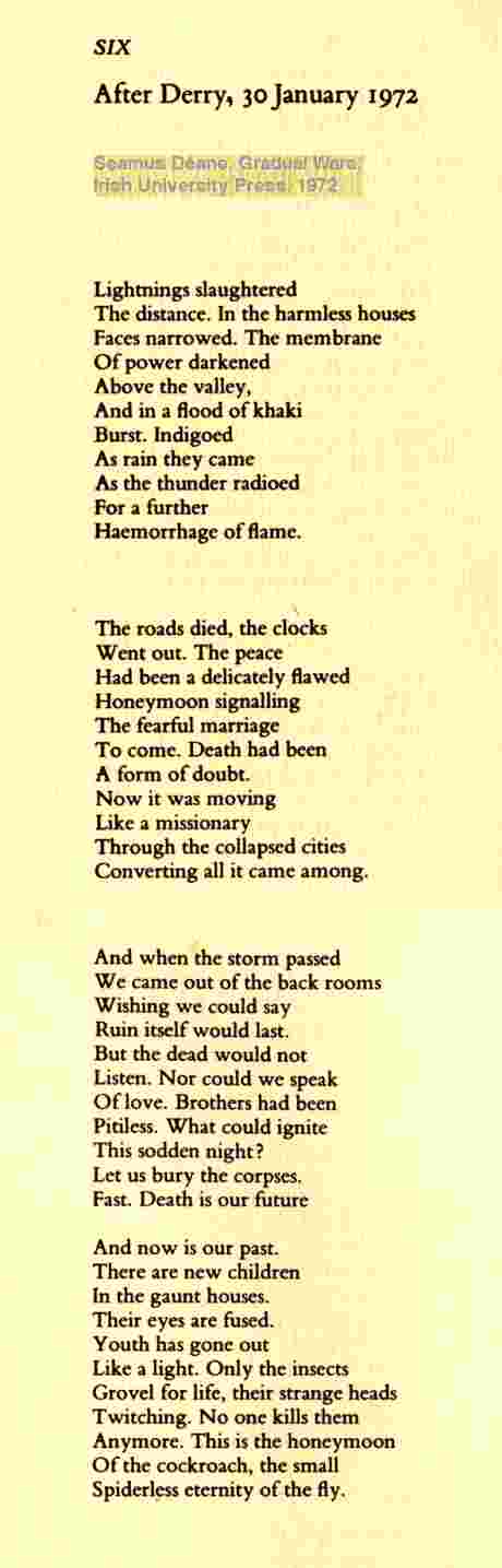 Click on image to see full-sized version Seamus Deane's poem on Bloody Sunday, After Derry, 30 January 1972